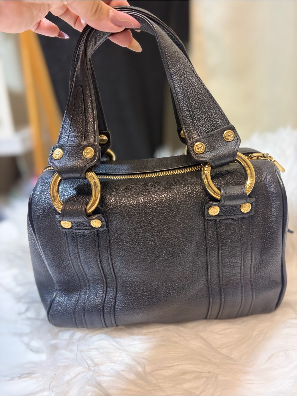 MCM Black Pebbled Leather Boston Handbag - Picture 4 of 8